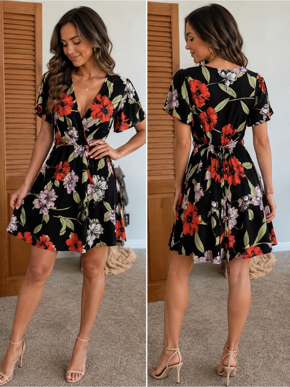 Papermoon Floral Wrap Dress Stevie & Co Black Red Boho Size Medium